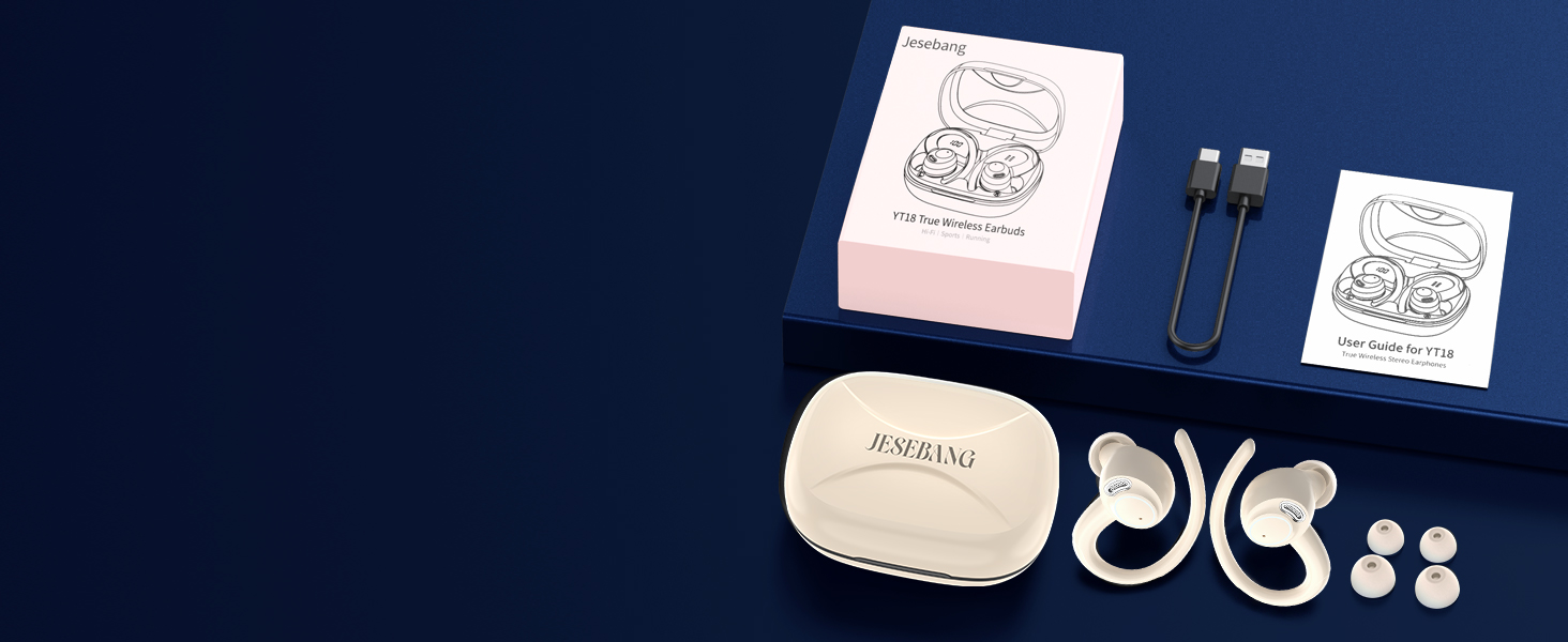 Wireless earbuds set with charging case, USB cable, and multiple sized ear tips displayed on dark blue background with product documentation.