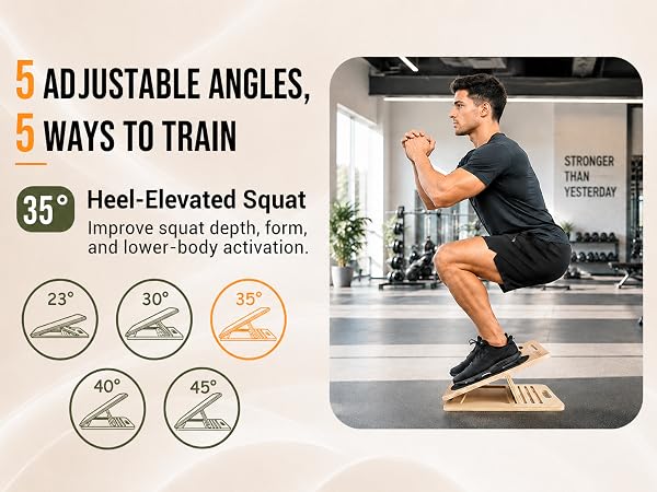 35° slant board for heel-elevated squat and lower-body activation.