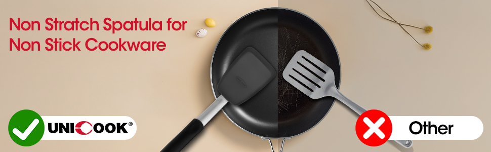 Unicook silicone spatula will not scratch to non stick cookware.