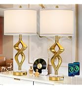 28.5" Modern Sculptural Living Room Table Lamps Set of 2 with USB A+C & AC Outlet, Gold Bedside T...