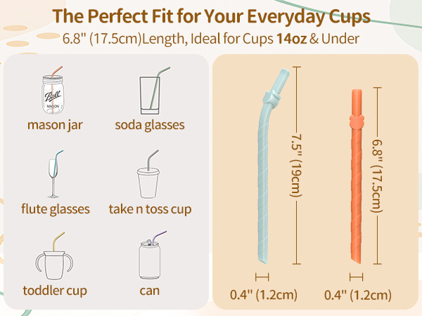 Size guide for short 6.8 inch silicone straws, a perfect fit for toddler cups and mason jars.