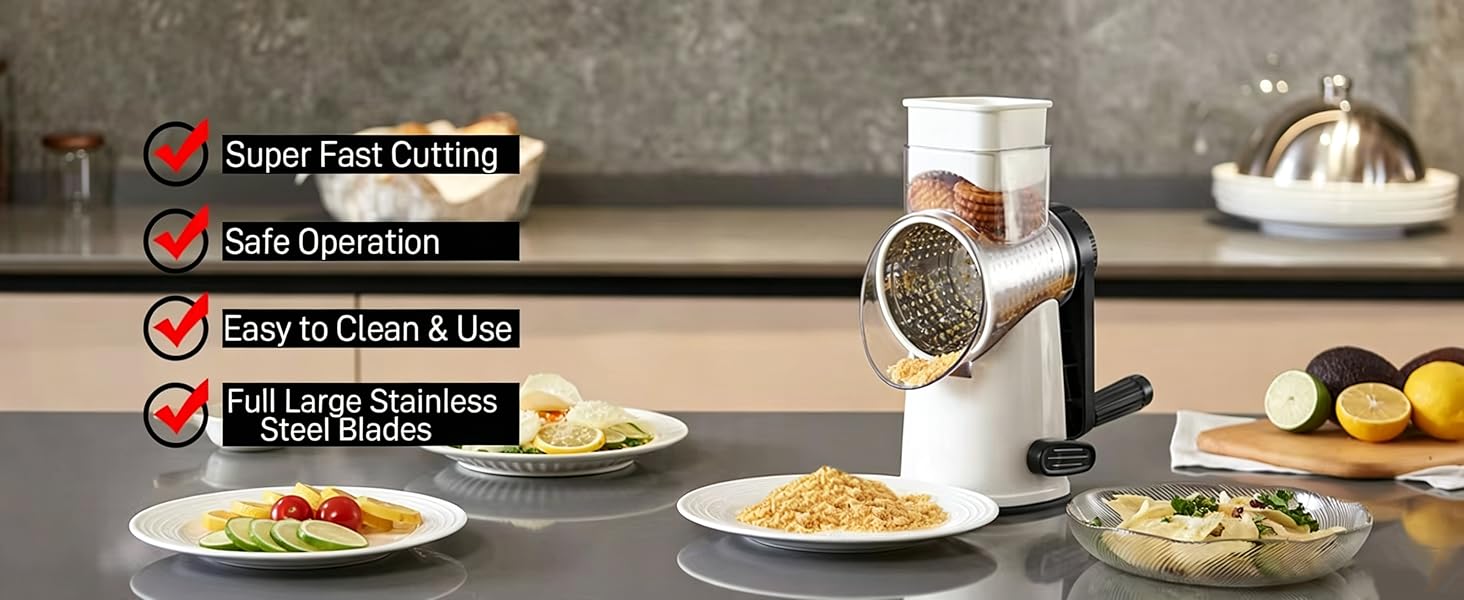 Rotary Cheese Grater Hand Crank with 4 Interchangeable Stainless Steel Blades