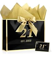 JMANNI 21st Birthday Gift Bag with Card and Tissue Paper for Men Women Him, 13" Elegant Black Gol...