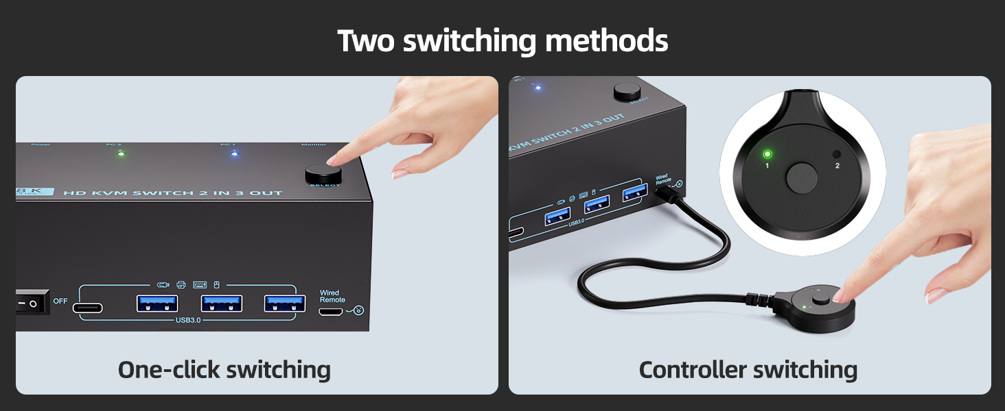Use press the button on the panel or use the wired remote(included) to switch the computers