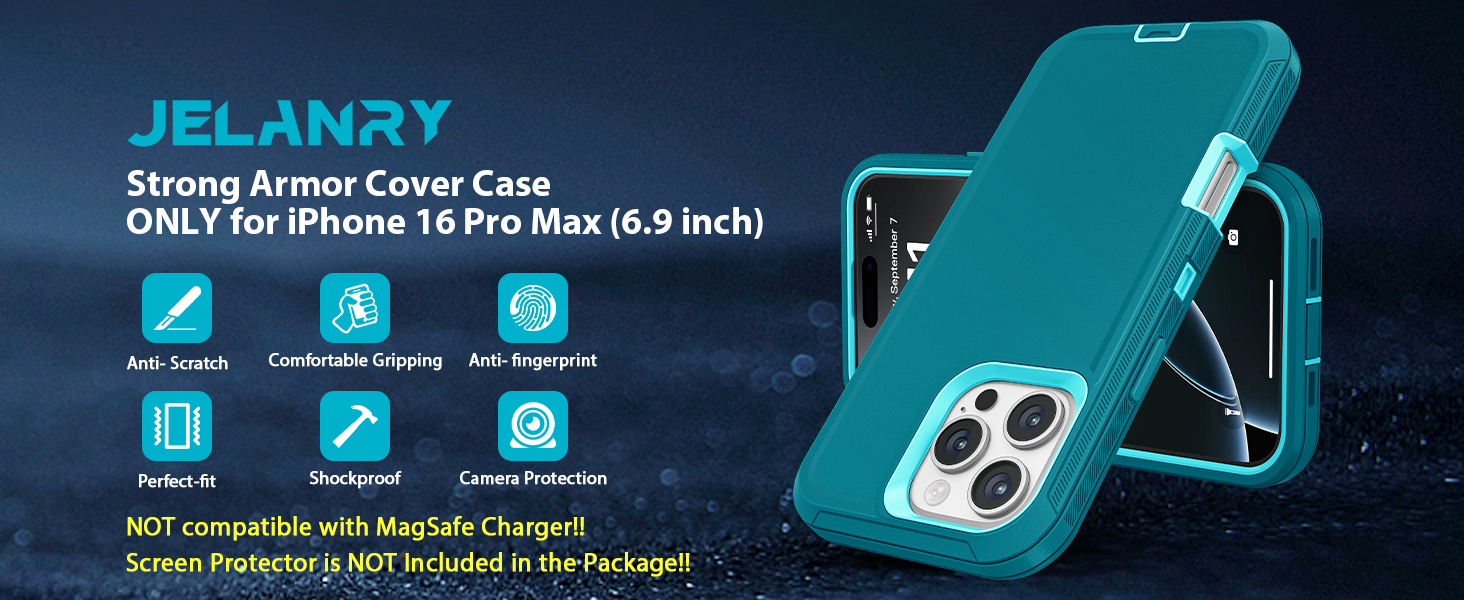 Jelanry iphone 16 pro max phone Case Heavy Duty Rugged Dual-Layer Protection Shockproof Dropproof