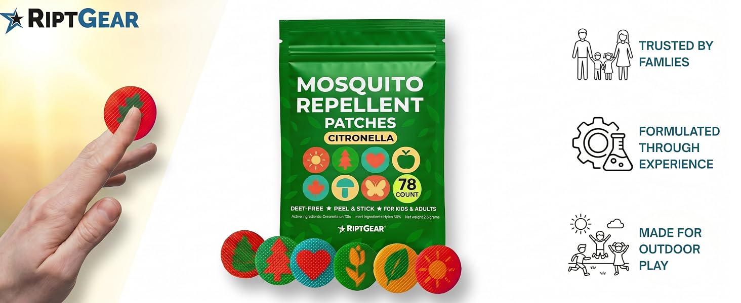 RiptGear Mosquito Patches — DEET-free citronella, 78-count, kids & adults, outdoor play