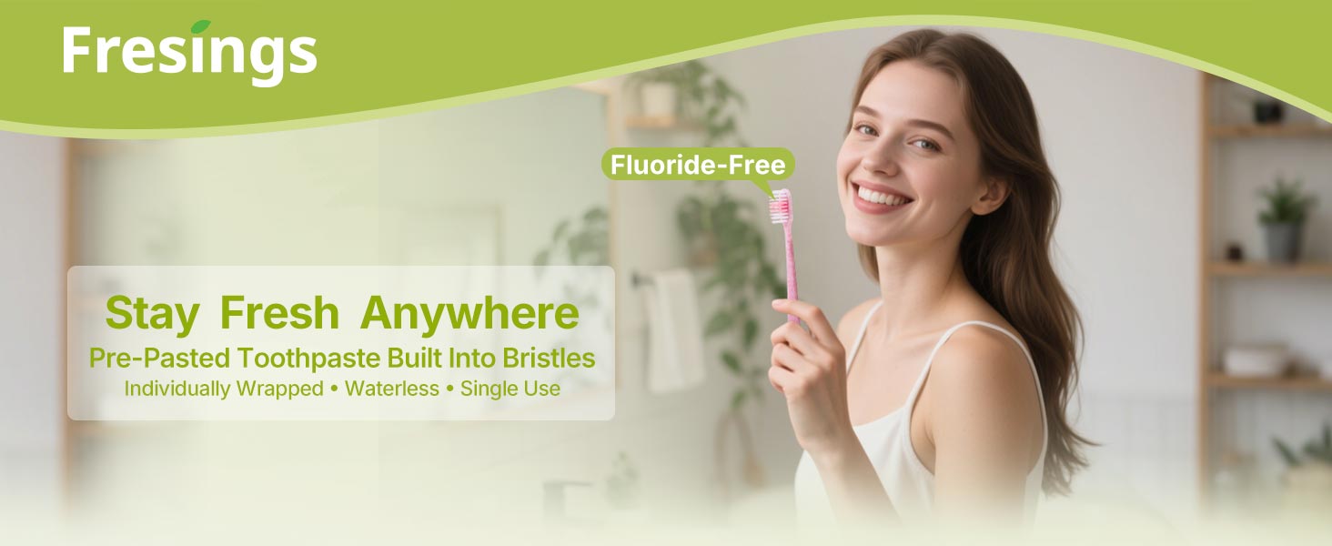 Pre-pasted toothbrush with toothpaste in bristles, individually wrapped, waterless single-use