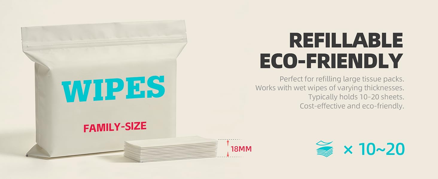 Muyocare portable tissue box: refill from large packs. Holds 10-20 wipes. Cost-effective & green