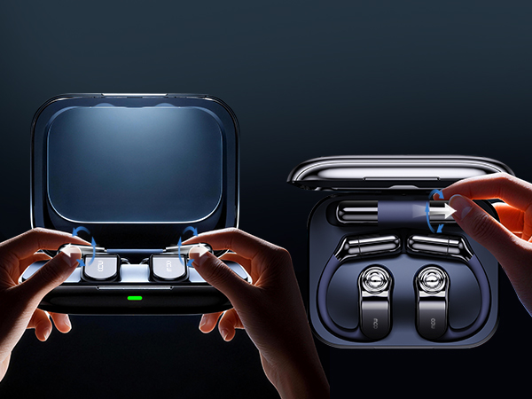 Multiple views of a black wireless charging case or dock with LED indicators, showing device placement and charging positions against dark background.