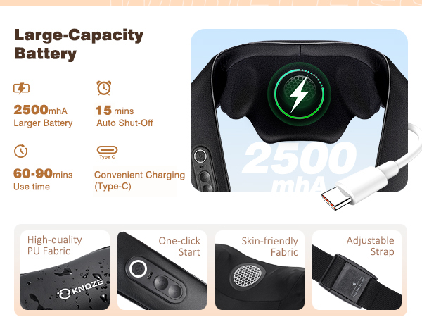 Text reads 'Large-Capacity Battery' with specifications '2500mAh, 15 mins fast charging, 60-360 mins working time, 4 Charging Methods'. Black wireless Bluetooth earbuds with charging case displaying green battery indicator, shown with multiple black charging cable variants below.