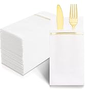 Nervure 100PCS Gold Paper Napkins with Built-in Flatware Pocket - White and Gold Prefolded Cloth ...