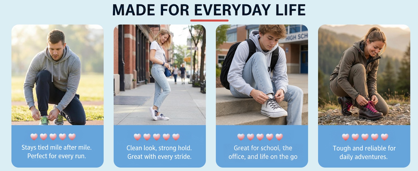 Aiahoel shoelaces made for everyday life: running, school, work, and outdoor adventures.