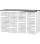 DINZI LVJ Shoe Storage Bench with Cushion, 16-Cubby Shoe Rack, Adjustable Shelves, Multifunctiona...