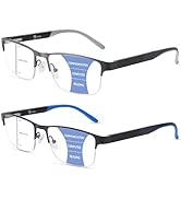 2 Pack Semi-Rimless Reading Glasses Men Metal Frame Dual-Tone Hybrid TR90 & Silicone Temple Blue ...