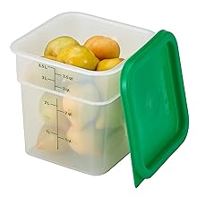 A translucent container being used to store lemons, with a green lid