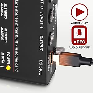 4-Channel Wireless BT Streaming Mini Line Mixer with USB Audio Interface