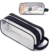 Large Grid Mesh Pencil Case 2 Compartments, Clear Pen Pencil Pouch with Zipper, Multifunction Tra...