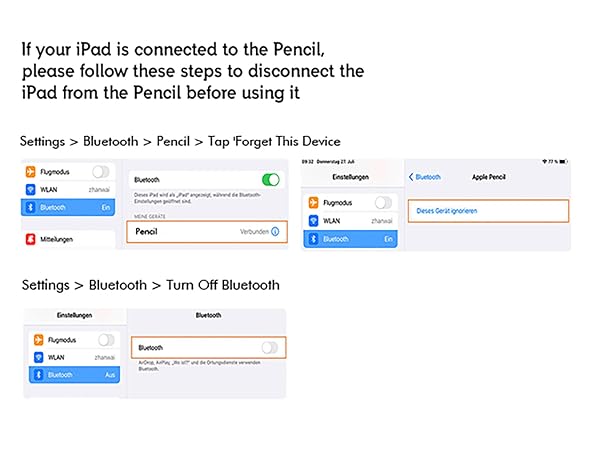 Instructions for disconnecting an iPad from a Pencil, showing iOS settings screens for Bluetooth and device management. Steps include forgetting the device and turning off Bluetooth.