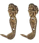 SOFFEE DESIGN 2pcs Gold Mermaid Shape Metal Wall Coat Hooks, Beach Decoration Wall Mounted Hangin...