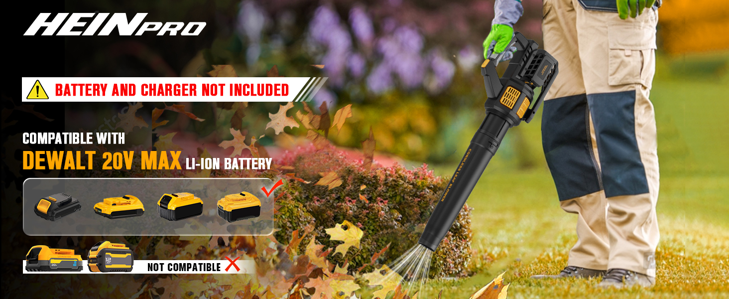 The HEINPRO cordless leaf blower compatible with DEWALT 20V MAX batteries.