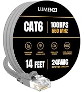 Lumenzi Cat 6 Ethernet Cable 14 FT in Grey 10 Gbps Speed Network Long Round Rj45 Outdoor Indoor D...