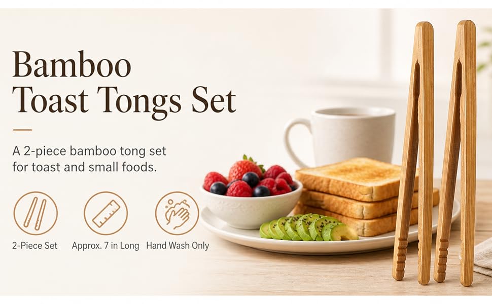 2-piece bamboo toast tongs set with breakfast toast and small foods