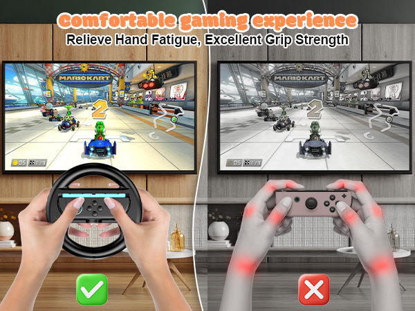 Split image comparing gaming grips: left shows hands comfortably holding a steering wheel controller, right shows hands straining while holding a standard controller, with Mario Kart gameplay on screens above.