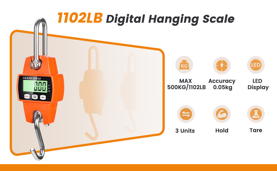 Digital Hanging Scale, 1102lb Crane Scale, 500kg Digital Electronic Weighing Scale