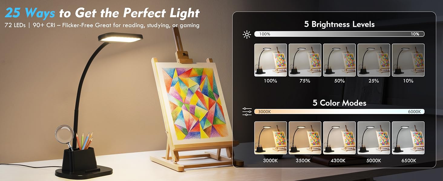 Desk Lamps for Home Office with Pen Holder USB Charging Ports Reading Light LED Table Lamp