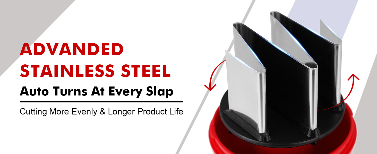 Vegetable chopper with rotating blade, each press dices onions & veggies uniformly.