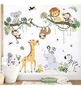 Cartoon jungle animal wall decal featuring colorful creatures like lions, monkeys, koalas, and giraffes amid tropical foliage. Designed for children's room decoration.