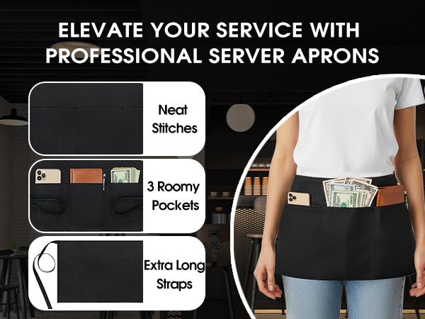 Waitress Apron With 3 Pockets-Black Server Aprons-Waiter Short Half Waist Servers Apron