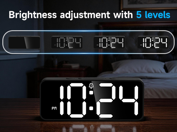 5 level brightness dimmer LED alarm clock adjustable display for nightstand bedroom white digits