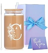 MAFYE Initial Glass Cups with Lids and Straws, Monogrammed Gifts for Women, 16oz Beer Glass Tumbl...