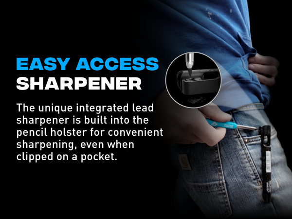 Easy access integrated lead sharpener is built into the pencil holster for convenient sharpening