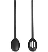 Silicone Cooking Solid and Slotted Spoon Set, High Heat Resistant Stiff Mixing Spoon, Extra Long ...