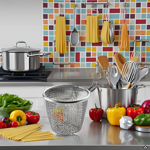 A kitchen counter with various cooking utensils and a pot filled with boiling pasta and the product.