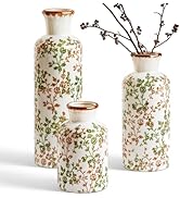 LE TAUCI Ceramic Vase Set of 3, Vintage Botanical Flower Vases for Fresh or Dried Flowers, Cottag...