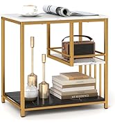 Giantex Side Table with Storage, 3-Tier End Table with Golden Polished Steel Frame Sofa Couch Tab...