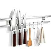 17 Inch Magnetic Knife Holder for Wall with 4 Hooks, No Drilling Knife Magnetic Strip Wall Mounte...