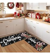 Merry Christmas Snowflake Black Kitchen Rugs Set of 2, Winter Home Decor Low-Profile Floor Mat De...
