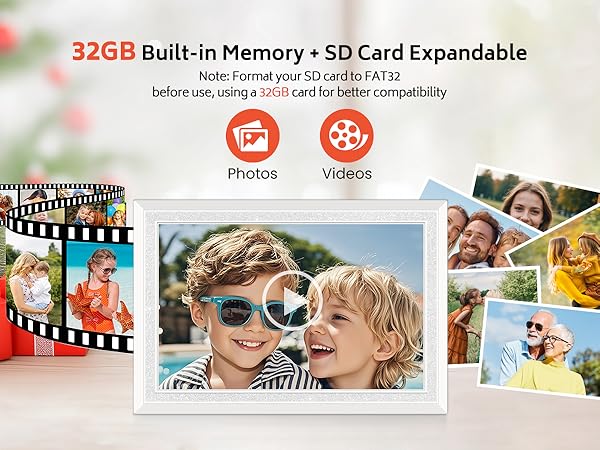 frameo digital picture photo video frame smart wifi HD IPS touch screen slideshow 32GB auto rotate