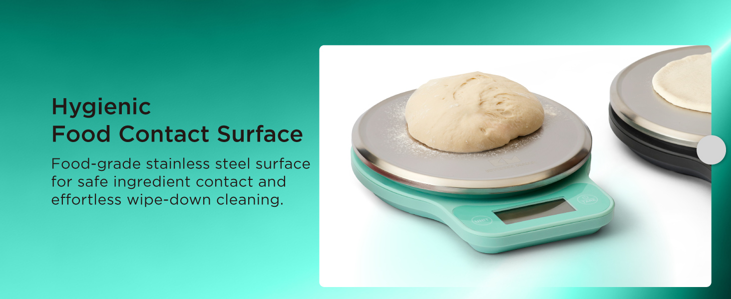 Food scale with food-grade stainless steel platform for safe ingredient contact, easy cleaning