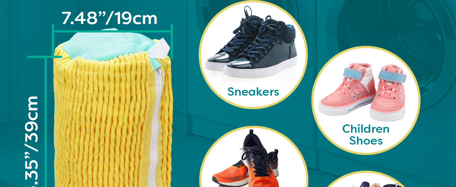 Text reads '7.48"/19cm' 'Children Shoes' 'Sneakers'. Product measurement guide showing footwear sizing information on teal background with shoe icons.