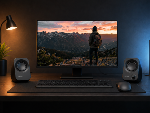 FUNLOGY Speaker Plus pair beside a desktop monitor, keyboard, and mouse.