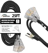HONDERSON 25 FT Lighted Outdoor Extension Cord with 3 Power Outlets,12/3 SJTW Heavy Duty Black Ex...