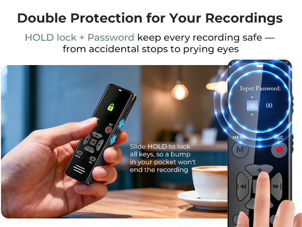 L359 Digital recorder hold lock and password protection for your recordings