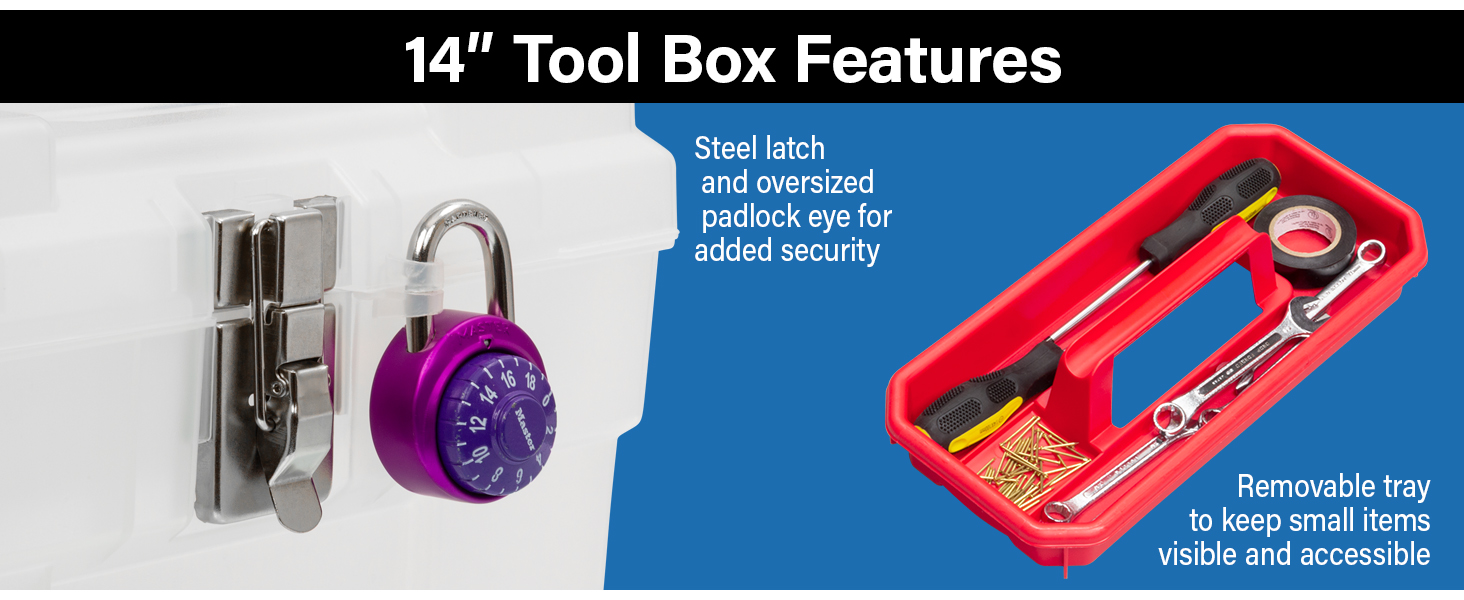 tool box features steel latch and oversized padlock eye along with a removable tray