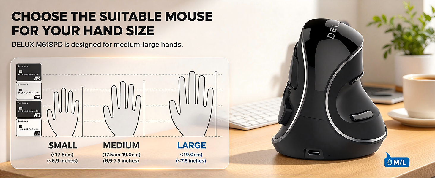 DELUX Wireless Ergonomic Vertical Mouse,Ergo Mouse for Large Hands (M618PD)