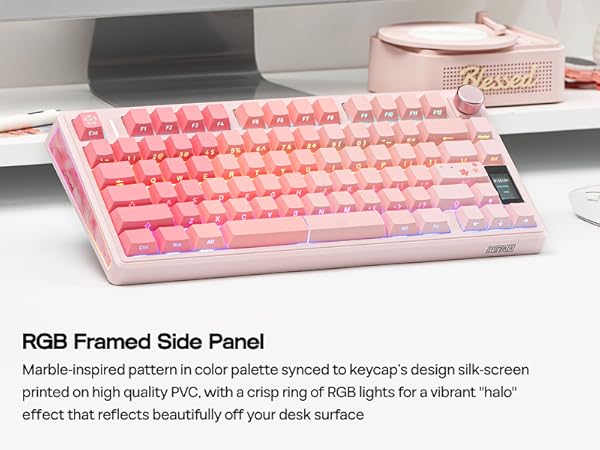 Text reads 'Image 4'. Pink mechanical keyboard with RGB lighting effects. Text visible about 'RGB Framed Side Panel' and 'Marble-inspired pattern in color palette synced to keyboard's design life screen printed on high-quality PVC'.